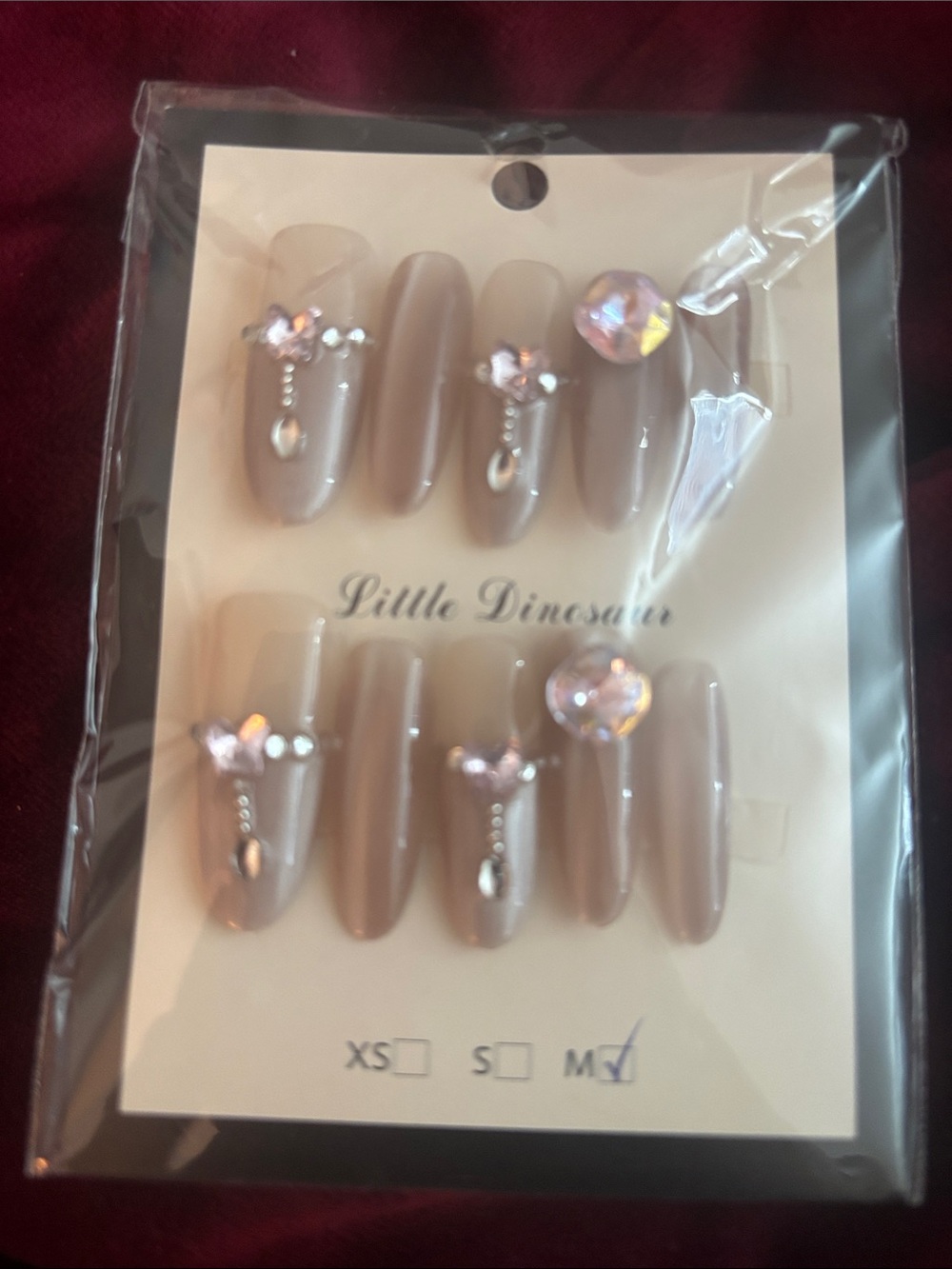 Neutral Taupe Press-On Nails with Pink Crystal Accents